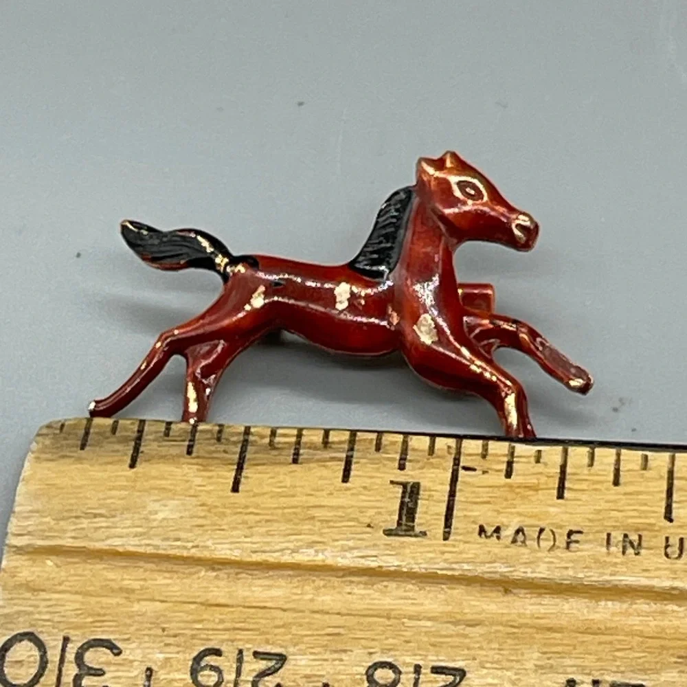 Vintage Enamel Horse Brooch Gold Tone Red Brown Galloping Stallion Pin Hong Kong